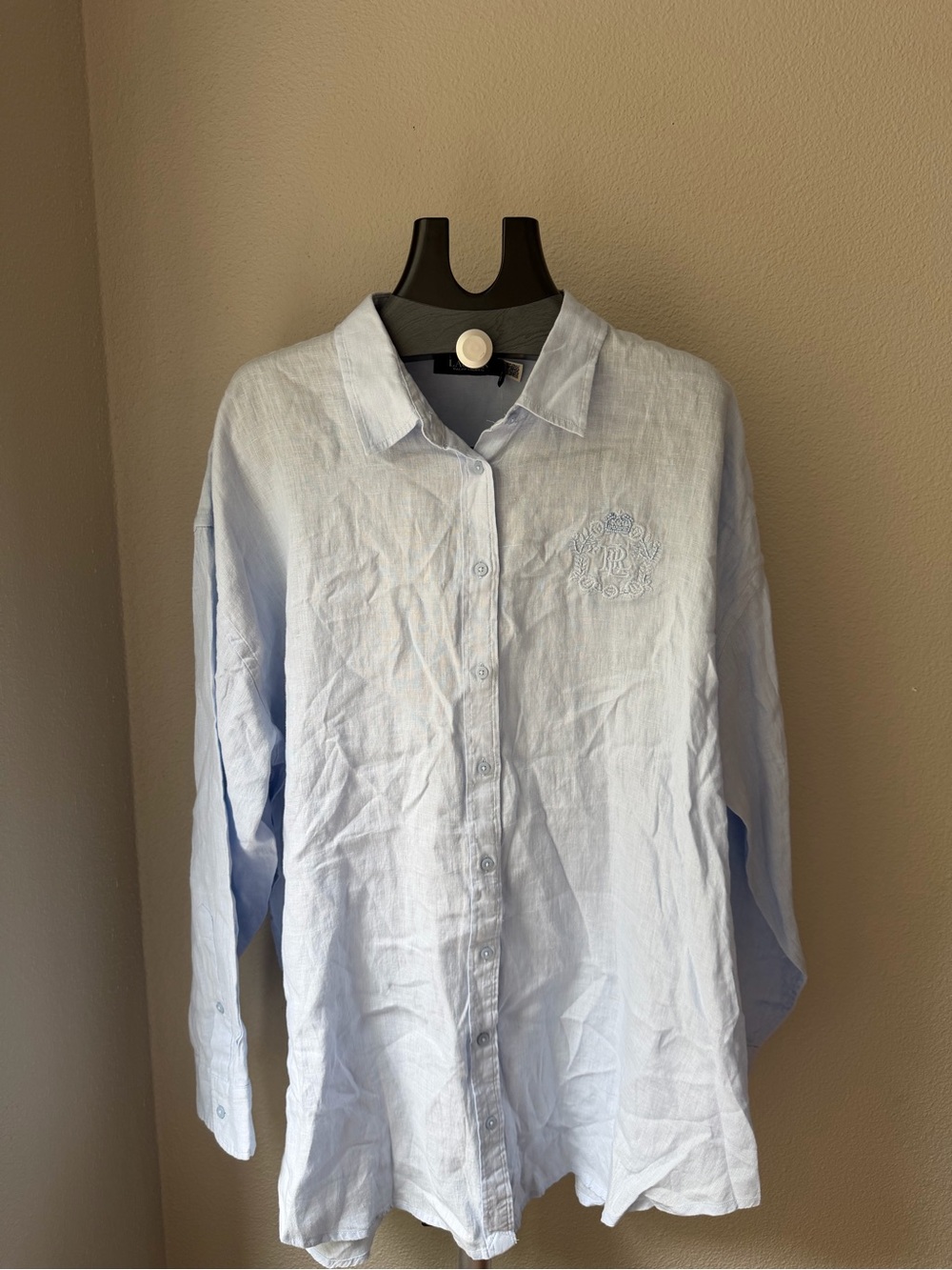 Lauren Ralph Lauren Oversize Striped Floral-Logo Linen Shirt Light Blue XXL - Picture 5 of 10